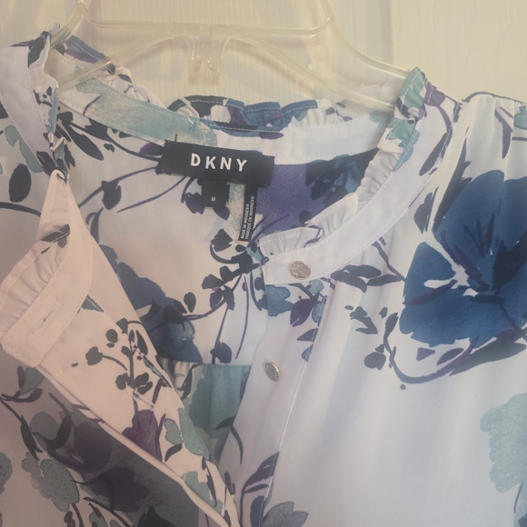 DKNY Women's Floral Ruffle Blouse - Blue and White - Picture 3 of 3